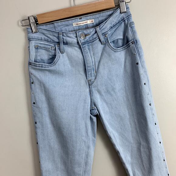Levi's Studded 721 High Rise Skinny Jeans Raw Hem Light Wash 26 W26 L30 - Picture 7 of 10